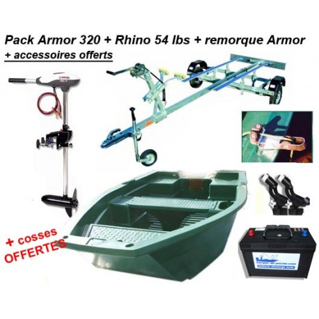 Barque Armor 320 + remorque pack plus + rhino 54 + batterie 120 ah